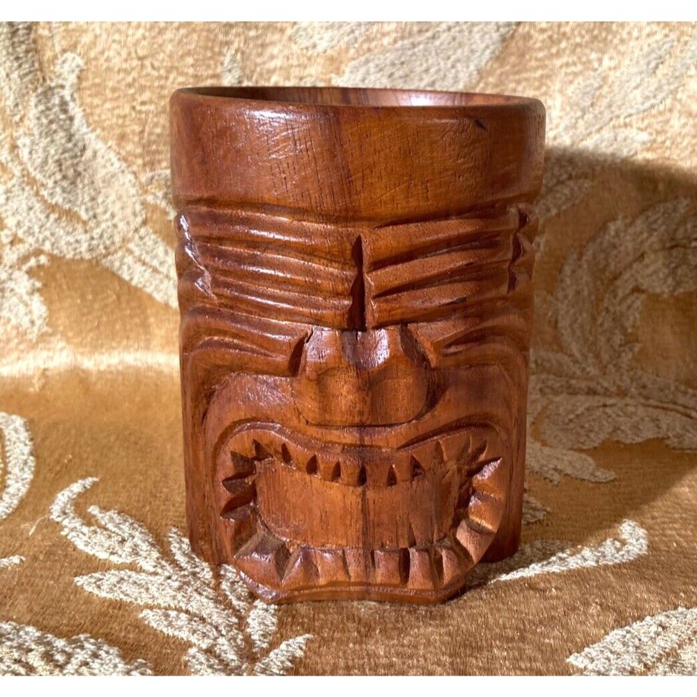 Vintage Philippines Hand Carved Wood Tiki Mug Cup Tribal Face Polynesian Bar